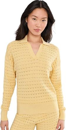Barefoot Dreams Heathered Cotton Tulip Pointel Collared Pullover Womens Sweater Heathered Canary : MD (US 10-12)