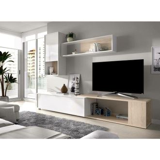 Dmora Dmora - Mueble Alto Denali, Conjunto Modular De Sal&oacute;n Rinc&oacute;n, Mueble Sal&oacute;n Multiposici&oacute;n, 230x41h180 Cm, Blanco Y Roble