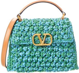 Valentino Top Handle Straw & Leather Shoulder Bag