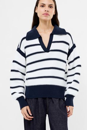 French Connection Womens Navy Cotton Striped V-Neck Collared Polo Knit Jumper - Size X-Large