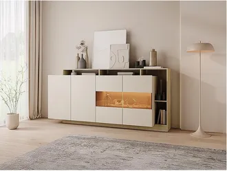 Vente-Unique Credenza 4 ante e 4 nicchie con LED Beige e Naturale chiaro - IDESIA