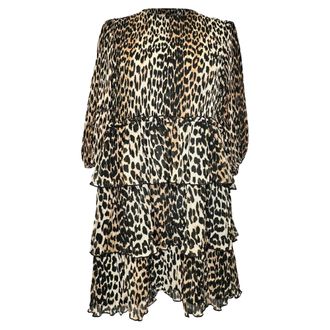 Ganni Ganni Leopard-Print Mini Tiered Dress in Brown Polyester
