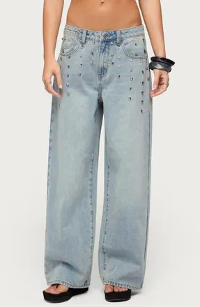 Edikted Oaklee Studded Low Rise Baggy Jeans in Blue-Washed at Nordstrom, Size X-Small