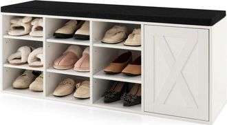Costway Panca portascarpe da ingresso con cuscino rimovibile, 9 scomparti, mobiletto laterale, scarpiera a 3 ripiani per ingresso corridoio, Bianco
