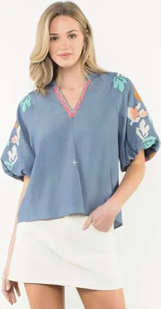 THML Clothing Embroidered Puff Sleeve Top In Blue