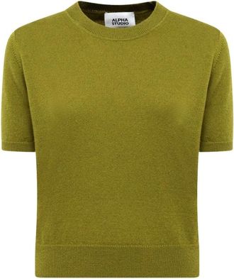 Alpha Studio Korte mouw ronde hals knit - Dames - Ronde hals truien - Groen - M - Wol - Truien & Vesten