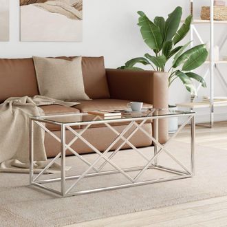Berkfield Home Coffee Table 110x45x45 cm Stainless Steel & Glass in Silver | Size: 110 x 45 x 45 cm