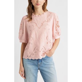 Treasure & Bond Embroidered Cutwork Puff Sleeve Linen Blend Top in Pink Lotus at Nordstrom, Size Xx-Small