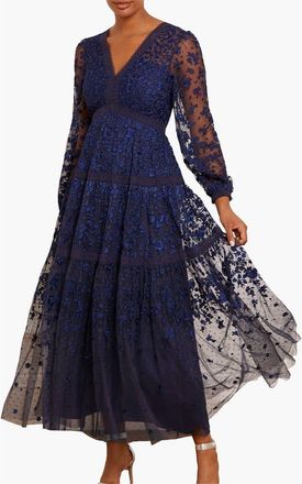 Needle & Thread Celestia Ribbon Long Sleeve V-Neck Gown in Navy at Nordstrom, Size 14