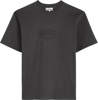 Ganni Logo Crystal-embellished Cotton T-shirt - Dark Grey - S (UK8-10 / S)