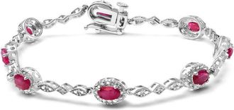 House of Brilliance 10K White Gold 4.5mm x 3mm Oval Ruby and Diamond Link Bracelet (H-I Color, SI1-SI2 Clarity) - Size 7
