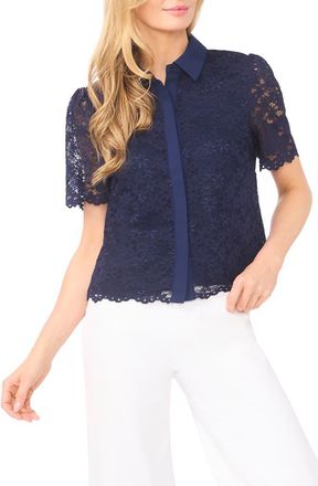 CeCe by Cynthia Steffe Floral Lace Short Sleeve Button-Up Shirt in Classic Navy at Nordstrom, Size X-Large
