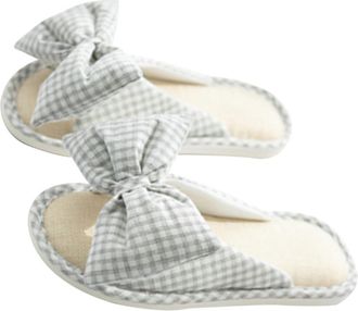 Vosarea Cozy Cotton Linen Peep Toe Slippers with Adorable Bow Knot Non-slip Thick Sole Home Shoes for Women Breathable Summer Mule Slippers for Indoor Use Gra