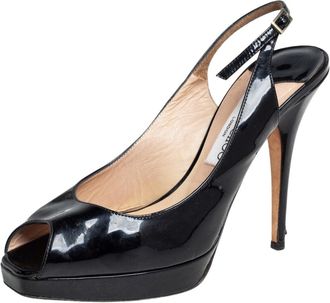 Jimmy Choo London Black Patent Leather Crown Peep Toe Platform Slingback Sandals