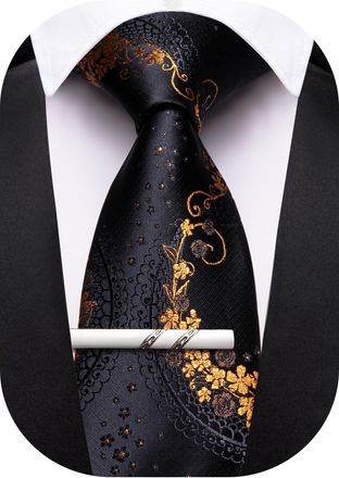 Barry.Wang Floral Ties for Men Necktie and Tie Clip Wedding Business Flower Solid Color Formal, Gold Black, One Size