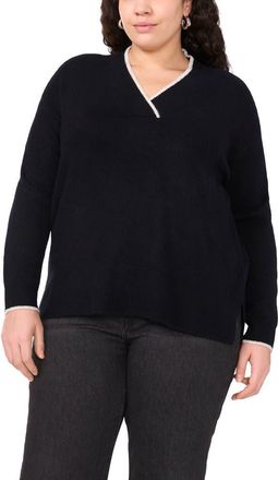Vince Camuto Tipped Cross V-Neck Cozy Sweater in Rich Black at Nordstrom, Size 1X