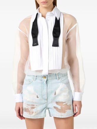 Elisabetta Franchi Distressed Denim Cropped Pant Suit - Ivory