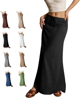 Generic 2025 Summer Linen Maxi Skirts for Women, Cute Vacation Boho Long Flowy Skirts, Comfy Drawstring Waist A Line Skirts (Black,XXL)