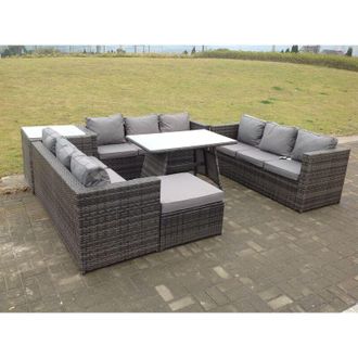 Fimous Outdoor Rattan Garden Furniture Lounge Sofa Set With Oblong Dining Table Side Coffee Table And Big Footstool - Fimous