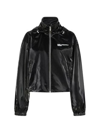 Karl Lagerfeld Glossy Black Cropped Jacket with High Collar