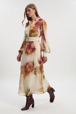 Karen Millen Womens Floral Print Georgette Belted Woven Shirt Dress - Size 10 UK