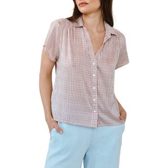 Bella Dahl Check Shirred Short Sleeve Button-Up Shirt in Sunwashed Check at Nordstrom, Size X-Large