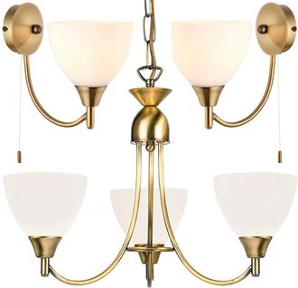 Loops 3 Lamp Ceiling & 2x Wall Light Pack Antique Brass Glass Matching Indoor Fittings