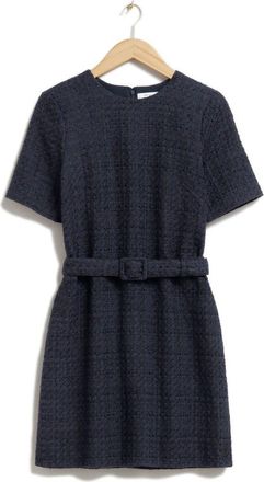 & Other Stories Belted Short Sleeve Tweed Dress in Blue at Nordstrom Rack, Size 12