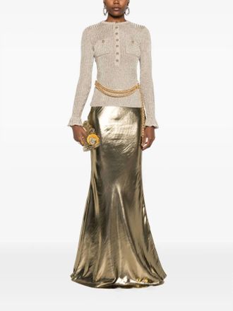 Self Portrait Lurex Ribbed Knit Top With Belt In Gold