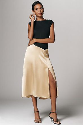 Maeve Cap-Sleeve Asymmetric Twofer Midi Dress