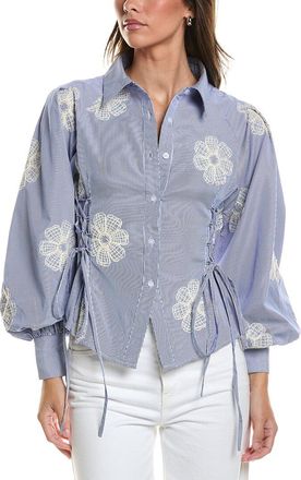 Gracia Embroidered Stripped Side Tie Long Sleeve Top