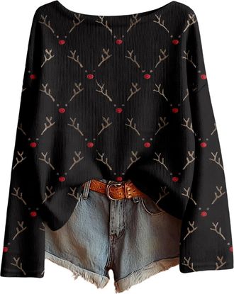 Generic christmas jumpers for women Christmas Jumper 2025 Xmas Printed Ladies Tops Long Sleeves Crew Neck Knitted Jumpers Soft Comfortable xmas Pullover Sweat