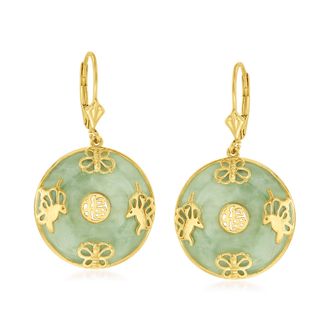 Ross-Simons Jade Good Fortune Butterfly Drop Earrings in 18kt Gold Over Sterling