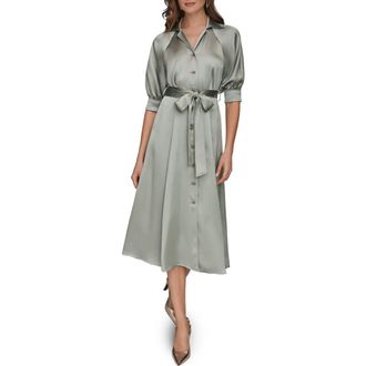 DKNY Short Sleeve Satin Shirtdress in Weathered Sage at Nordstrom, Size 12
