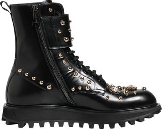 Dolce & Gabbana Black Studded Lace Up Mid Calf Boots Mens Shoes