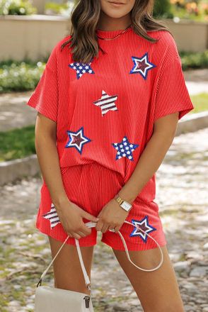 Azura Exchange Womens Starembroidered Knit Shorts Set - Red - Size X-Large