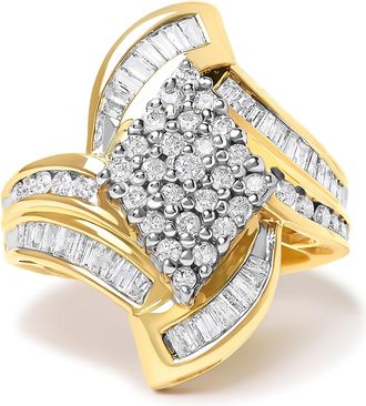 House of Brilliance 14K Yellow Gold 1-1/3 Cttw Round and Baguette Diamond Bypass Cocktail Ring