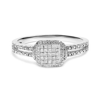 House of Brilliance Silver 1/4 Cttw Princess-cut Diamond Composite Ring with Beaded Halo in White at Nordstrom, Size 12