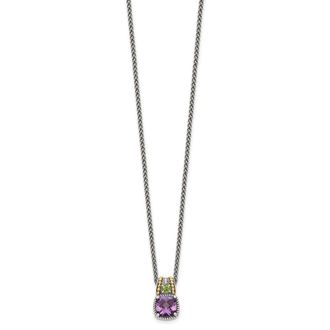 Diamond2Deal Sterling Silver with 14K Accent Cushion Amethyst and Peridot Pendant Necklace