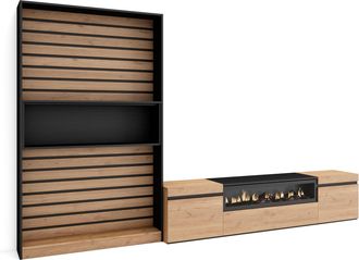 Skraut Home Skraut Home - Muebles De Sal&oacute;n Para Tv, Conjunto De Muebles Comedor, 310x186x35cm, Para Tv Hasta 80, Chimenea El&eacute;ctrica, Estilo Moderno, Roble Y Negro