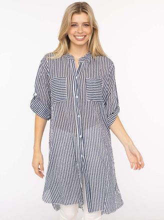 Zwillingsherz Longbluse ZWILLINGSHERZ Kida, Damen, marine, Web, Obermaterial: 100% Baumwolle, comfort fit lang, V-Ausschnitt, Krempel&auml;rmel 1-Knopf-Manschette, Bluse