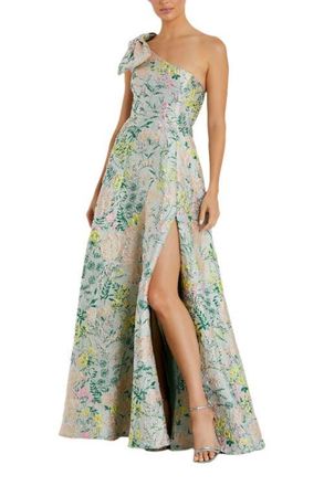 Mac Duggal One Shoulder Brocade Gown With Bow Detail in Pastel Multi at Nordstrom, Size 12