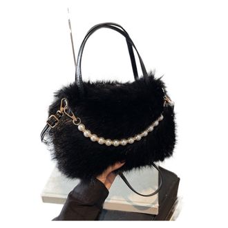 Generic Womens Plush Bags Pearl Handle Womens Plush Crossbody Bag Portable Handbag Winter Fashion Casual Shoulder(Black)