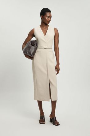 Karen Millen Womens Compact Stretch Belted Tailored Pencil Midi Dress - Beige - Size 10 UK