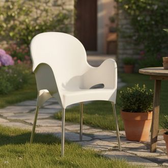 Dmora Silla De Exterior Vashti, Una Silla, Apilable Made In Italy, Con Brazos, Beige