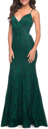 La Femme Lace Gown with Sheer Lace Applique Side Panels in Dark Emerald at Nordstrom, Size 00