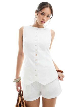4th & Reckless linen look button down vest in white - part of a set