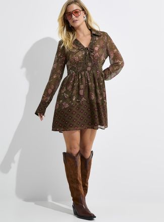 Icone Womens Ruched waist shirt collar chiffon minidress