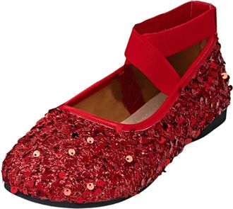 Generic Red Women S Oversized Shoes with Round Toe Shallow Mouth Sequined Soft Sole Flat Strap for Temperament