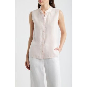 Eileen Fisher Sleeveless Linen Mandarin Collar Button-Up Shirt in Crystal Pink at Nordstrom, Size Xx-Small